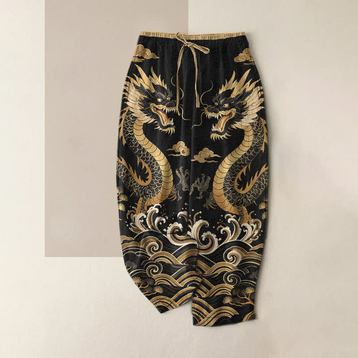 Buddha Stones Pantalones de mujer de algodón puro con estampado de doble dragón y cintura elástica, con bolsillos. - Negro - US16，UK/AU20，EU48 (3XL) - image 5
