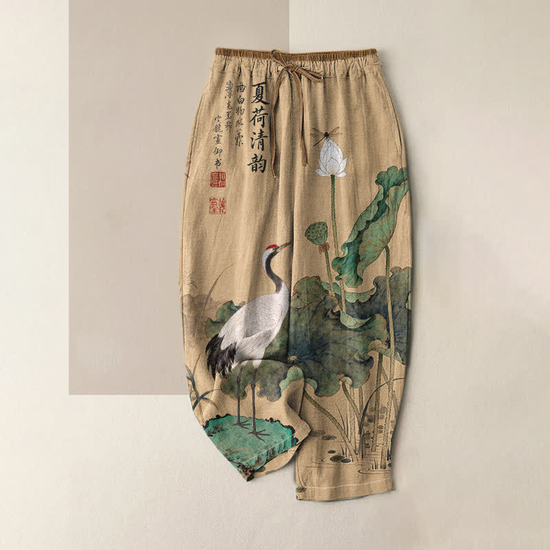 Buddha Stones Pantalones de mujer de algodón puro con estampado de grullas y lotos, cintura elástica y bolsillos. - BurlyWood - US16，UK/AU20，EU48 (3XL) - image 0
