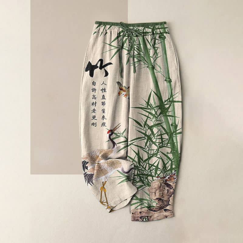 Buddha Stones Pantalones de mujer de algodón puro con estampado artístico de grullas de bambú y cintura elástica con bolsillos. - Blanco antiguo - US16，UK/AU20，EU48 (3XL) - image 0