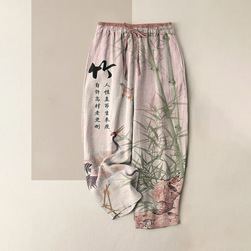 Buddha Stones Pantalones de mujer de algodón puro con estampado artístico de grullas de bambú y cintura elástica con bolsillos. - Rubor lavanda - US16，UK/AU20，EU48 (3XL) - image 4