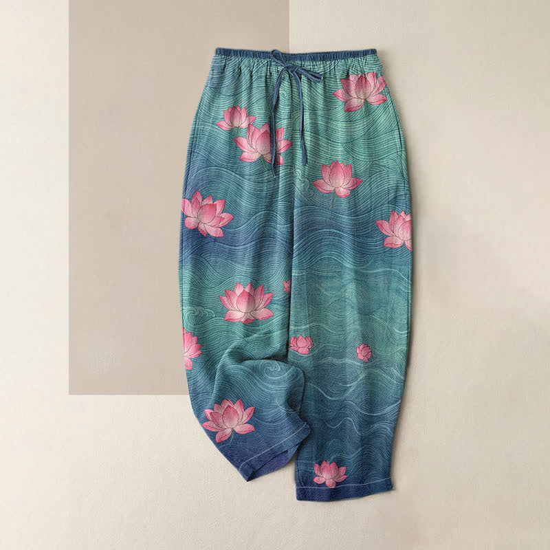 Buddha Stones Pantalones de mujer de algodón puro con estampado degradado de loto y cintura elástica con bolsillos. - Azul acero - US16，UK/AU20，EU48 (3XL) - image 0