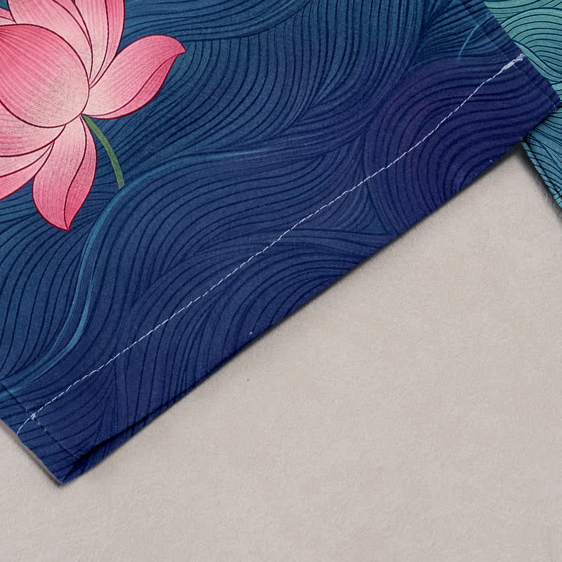 Buddha Stones Pantalones de mujer de algodón puro con estampado degradado de loto y cintura elástica con bolsillos. - image 1