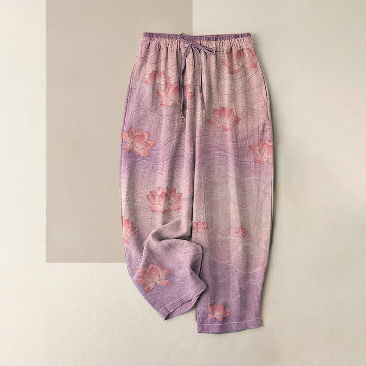 Buddha Stones Pantalones de mujer de algodón puro con estampado degradado de loto y cintura elástica con bolsillos. - Orquídea - US16，UK/AU20，EU48 (3XL) - image 3