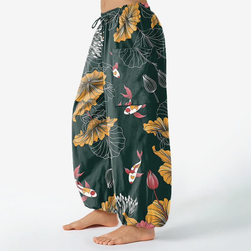 Buddha Stones Pantalones harem de algodón vintage con estampado floral de loto y carpa koi para mujer, con cintura elástica y bolsillos laterales. - image 1