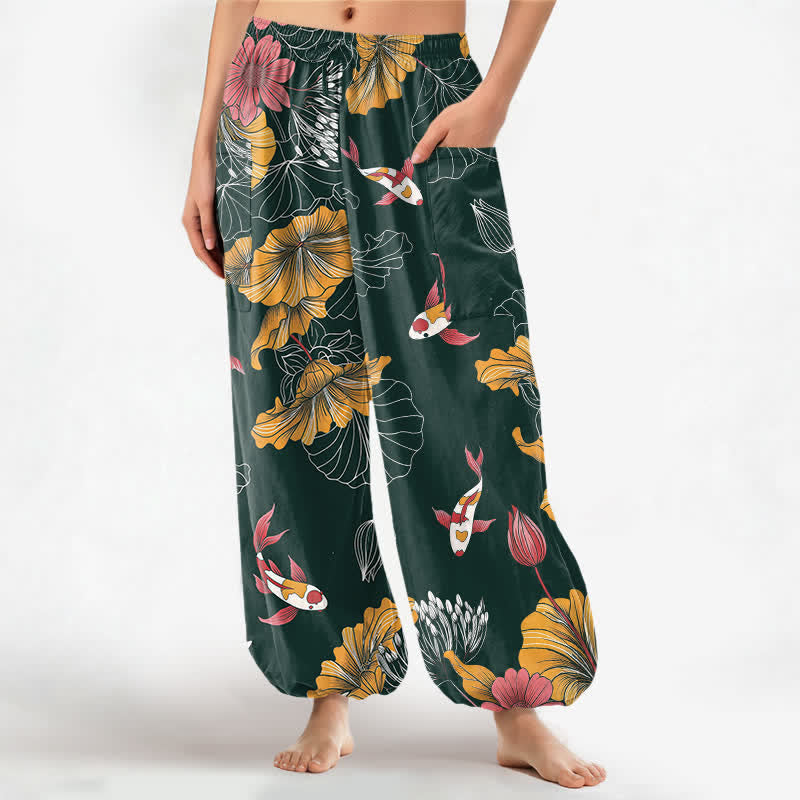 Buddha Stones Pantalones harem de algodón vintage con estampado floral de loto y carpa koi para mujer, con cintura elástica y bolsillos laterales. - Verde oscuro - US16，UK/AU20，EU48 (3XL) - image 0