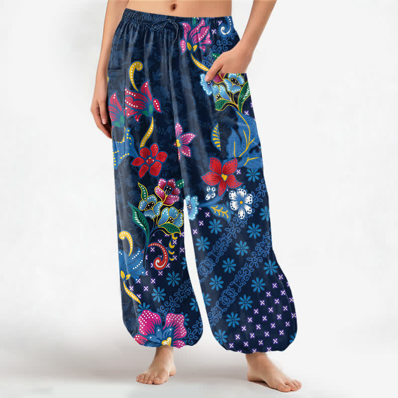 Buddha Stones Pantalones harem de algodón con estampado geométrico étnico floral para mujer, cintura elástica y bolsillos laterales. - Marina de guerra - US16，UK/AU20，EU48 (3XL) - image 0