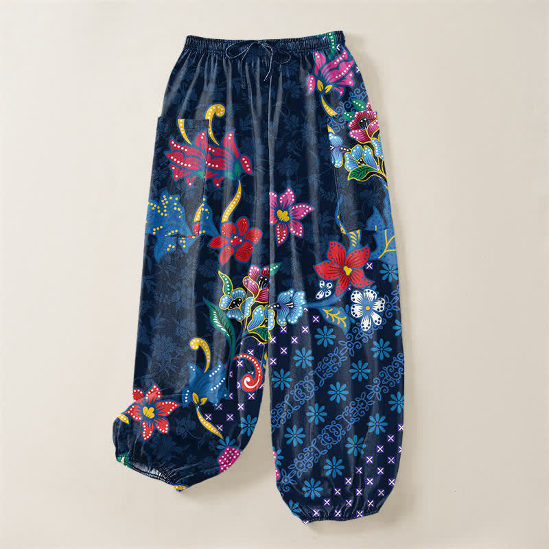 Buddha Stones Pantalones harem de algodón con estampado geométrico étnico floral para mujer, cintura elástica y bolsillos laterales. - image 3