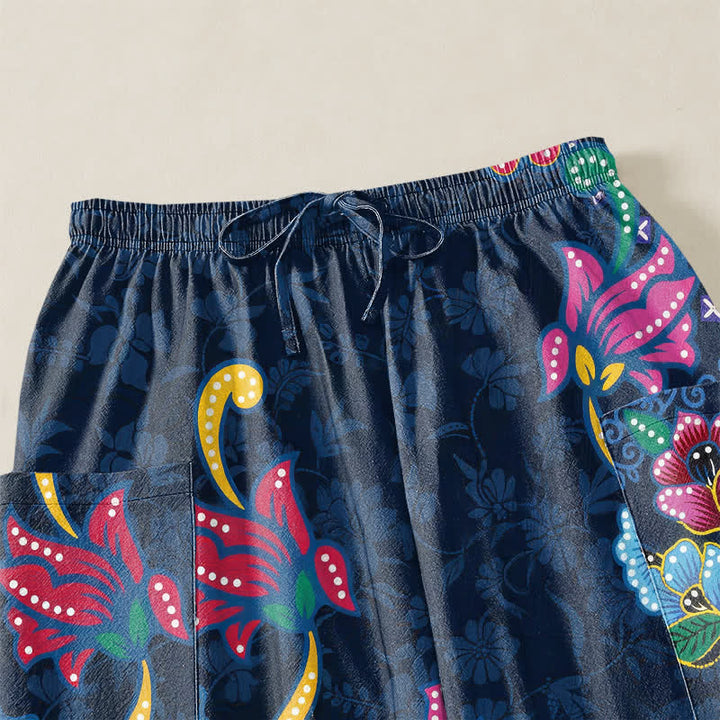 Buddha Stones Pantalones harem de algodón con estampado geométrico étnico floral para mujer, cintura elástica y bolsillos laterales. - image 5