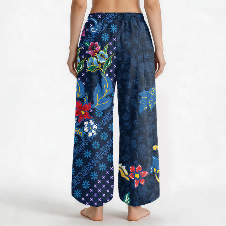 Buddha Stones Pantalones harem de algodón con estampado geométrico étnico floral para mujer, cintura elástica y bolsillos laterales. - image 2
