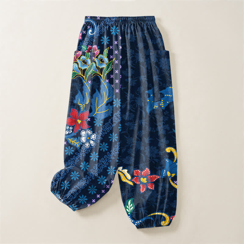 Buddha Stones Pantalones harem de algodón con estampado geométrico étnico floral para mujer, cintura elástica y bolsillos laterales. - image 4
