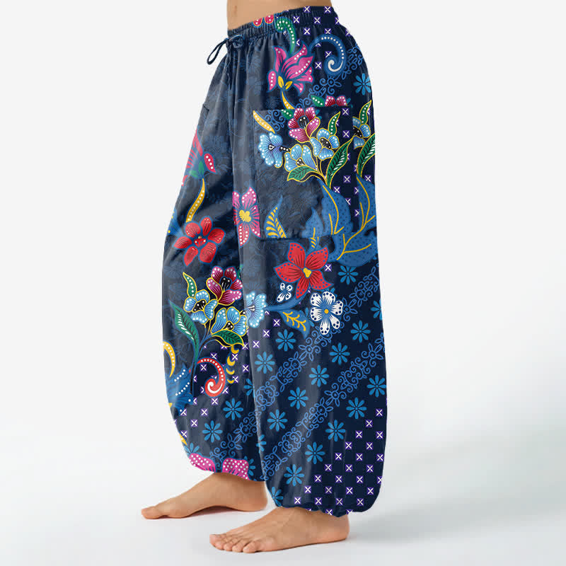 Buddha Stones Pantalones harem de algodón con estampado geométrico étnico floral para mujer, cintura elástica y bolsillos laterales. - image 1