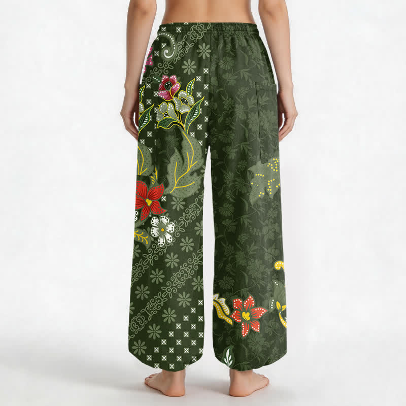 Buddha Stones Pantalones harem de algodón con estampado geométrico étnico floral para mujer, cintura elástica y bolsillos laterales. - image 9