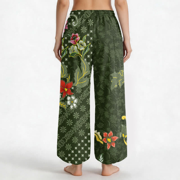 Buddha Stones Pantalones harem de algodón con estampado geométrico étnico floral para mujer, cintura elástica y bolsillos laterales. - image 9