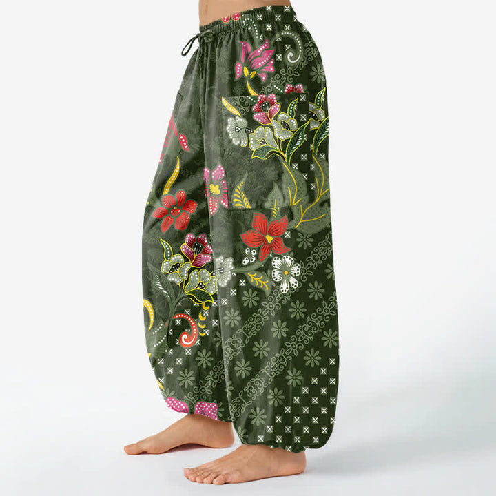 Buddha Stones Pantalones harem de algodón con estampado geométrico étnico floral para mujer, cintura elástica y bolsillos laterales. - image 8