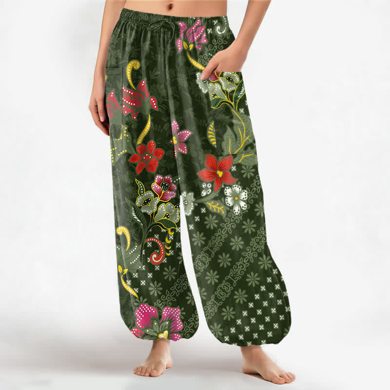 Buddha Stones Pantalones harem de algodón con estampado geométrico étnico floral para mujer, cintura elástica y bolsillos laterales. - Verde oliva oscuro - US16，UK/AU20，EU48 (3XL) - image 7