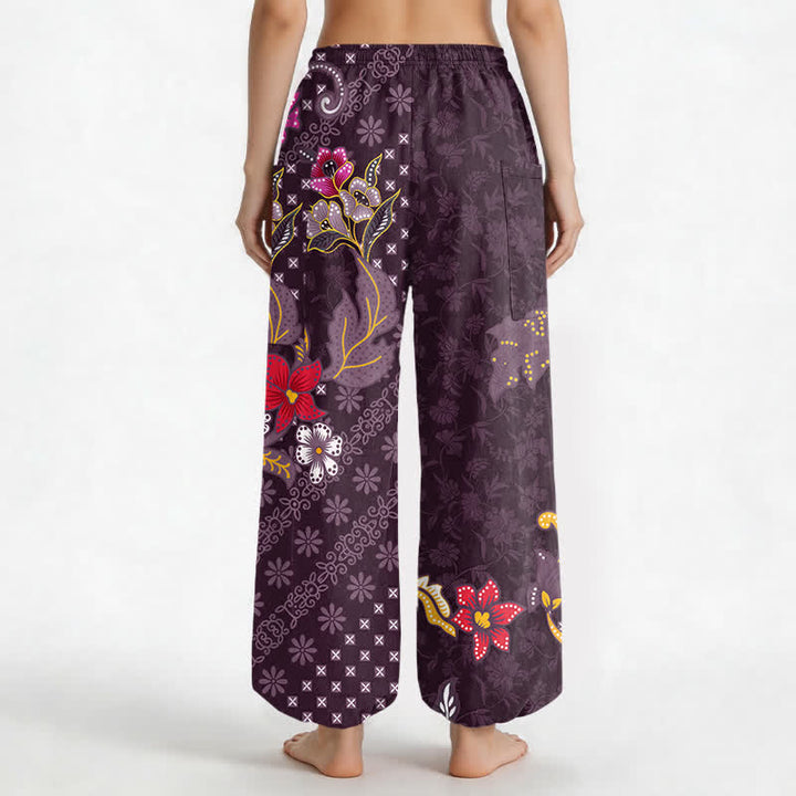Buddha Stones Pantalones harem de algodón con estampado geométrico étnico floral para mujer, cintura elástica y bolsillos laterales. - image 12