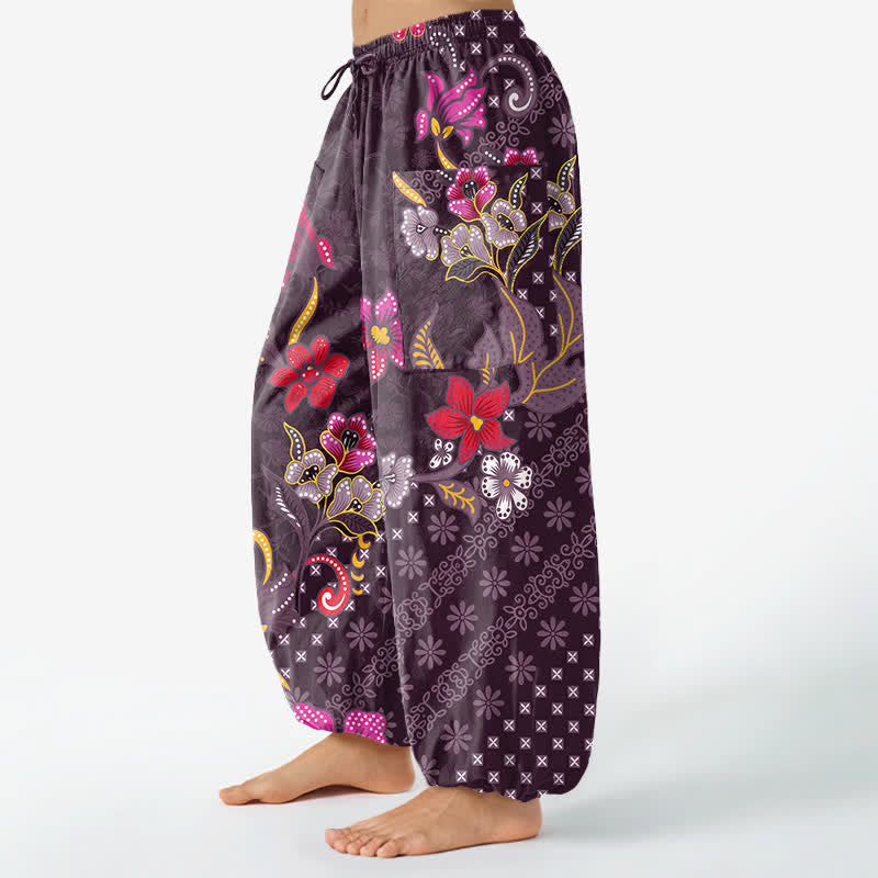 Buddha Stones Pantalones harem de algodón con estampado geométrico étnico floral para mujer, cintura elástica y bolsillos laterales. - image 11