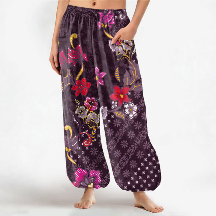 Buddha Stones Pantalones harem de algodón con estampado geométrico étnico floral para mujer, cintura elástica y bolsillos laterales. - Púrpura - US16，UK/AU20，EU48 (3XL) - image 10