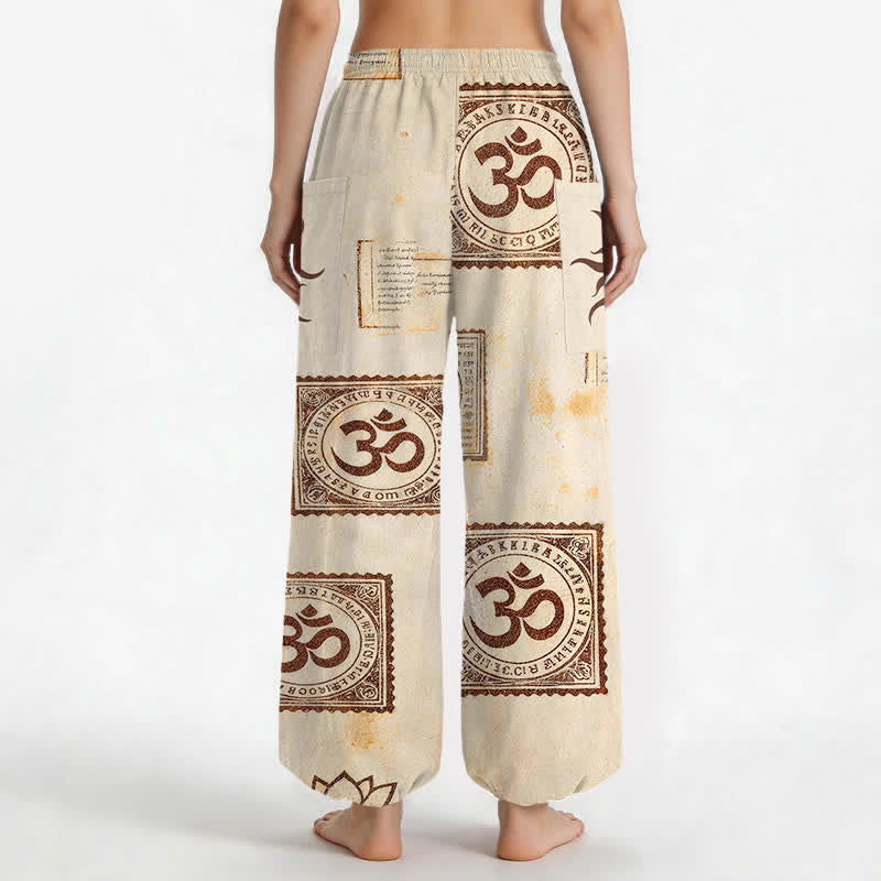 Buddha Stones Pantalones harem de algodón con estampado vintage Om Sun para mujer, cintura elástica y bolsillos laterales. - image 2