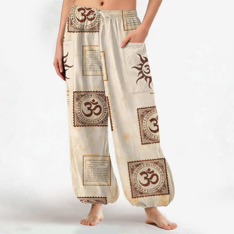 Buddha Stones Pantalones harem de algodón con estampado vintage Om Sun para mujer, cintura elástica y bolsillos laterales. - Beige - US16，UK/AU20，EU48 (3XL) - image 0