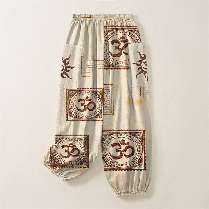 Buddha Stones Pantalones harem de algodón con estampado vintage Om Sun para mujer, cintura elástica y bolsillos laterales. - image 4