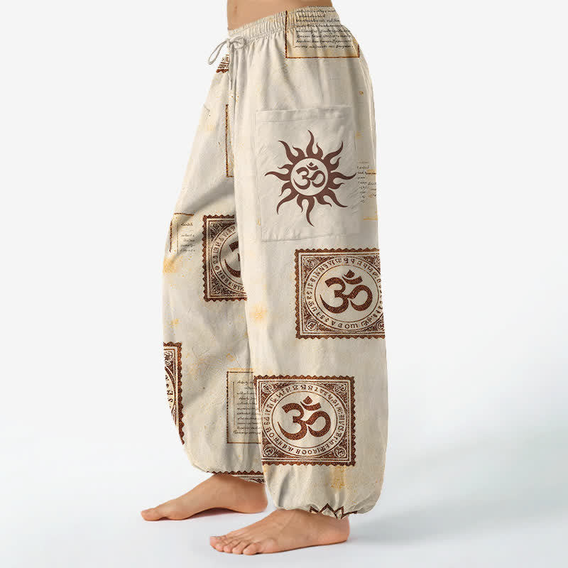 Buddha Stones Pantalones harem de algodón con estampado vintage Om Sun para mujer, cintura elástica y bolsillos laterales. - image 1