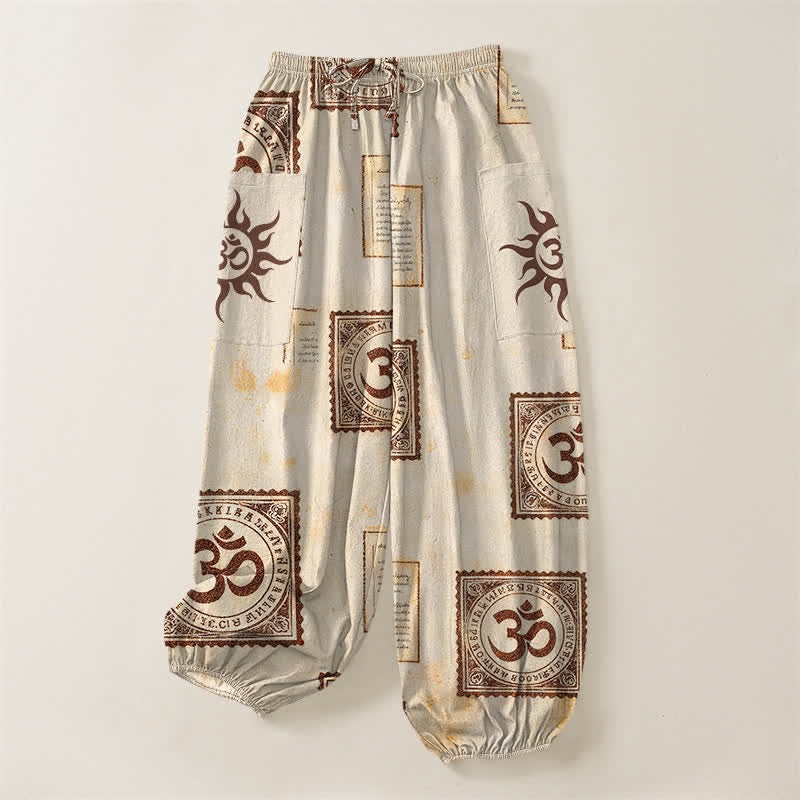 Buddha Stones Pantalones harem de algodón con estampado vintage Om Sun para mujer, cintura elástica y bolsillos laterales. - image 3