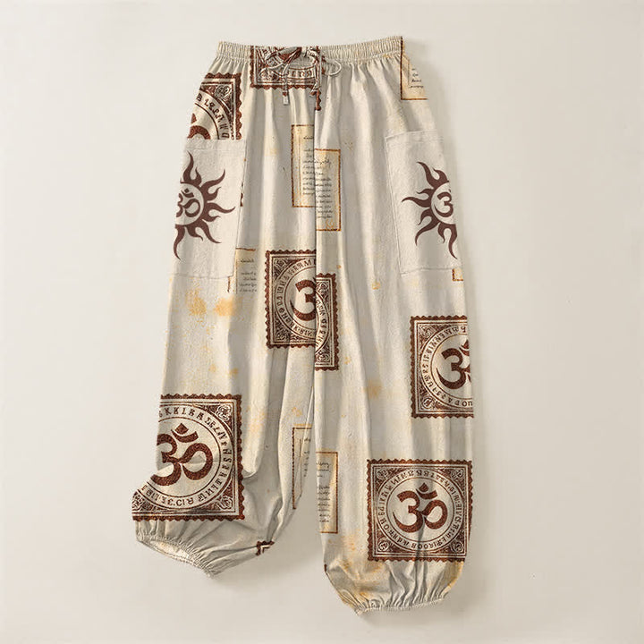 Buddha Stones Pantalones harem de algodón con estampado vintage Om Sun para mujer, cintura elástica y bolsillos laterales. - image 3