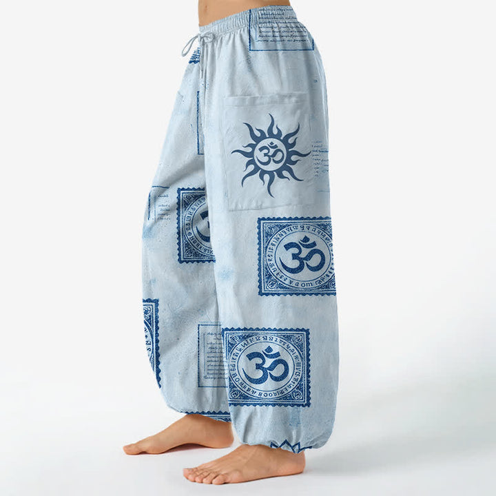 Buddha Stones Pantalones harem de algodón con estampado vintage Om Sun para mujer, cintura elástica y bolsillos laterales. - image 8