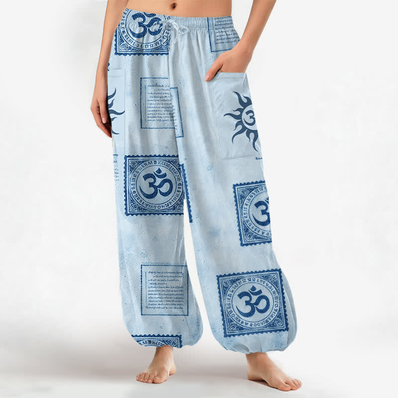 Buddha Stones Pantalones harem de algodón con estampado vintage Om Sun para mujer, cintura elástica y bolsillos laterales. - Azul cielo claro - US16，UK/AU20，EU48 (3XL) - image 7