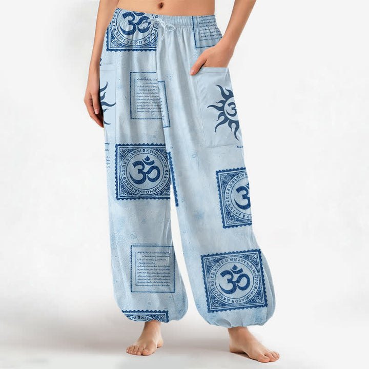 Buddha Stones Pantalones harem de algodón con estampado vintage Om Sun para mujer, cintura elástica y bolsillos laterales. - Azul cielo claro - US16，UK/AU20，EU48 (3XL) - image 7