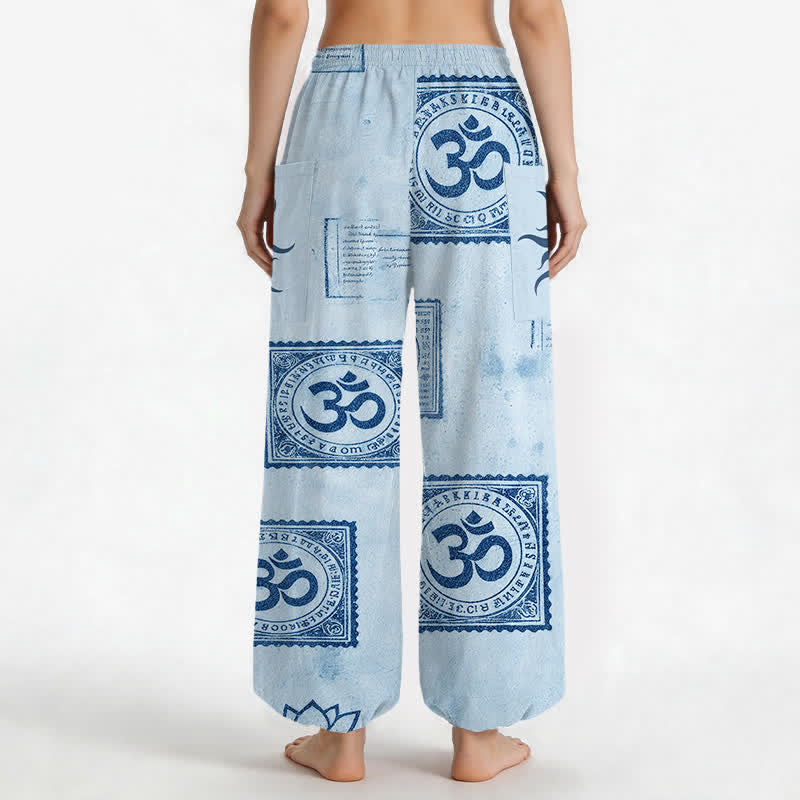 Buddha Stones Pantalones harem de algodón con estampado vintage Om Sun para mujer, cintura elástica y bolsillos laterales. - image 9