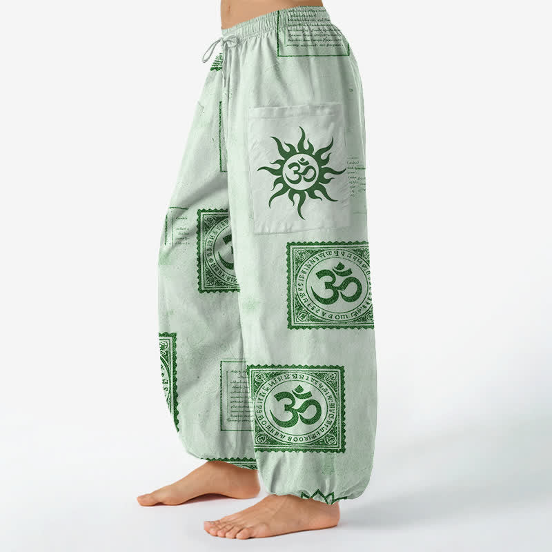 Buddha Stones Pantalones harem de algodón con estampado vintage Om Sun para mujer, cintura elástica y bolsillos laterales. - image 11