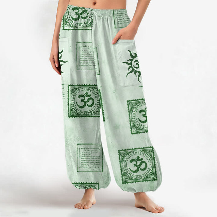 Buddha Stones Pantalones harem de algodón con estampado vintage Om Sun para mujer, cintura elástica y bolsillos laterales. - Aguamarina - US16，UK/AU20，EU48 (3XL) - image 10