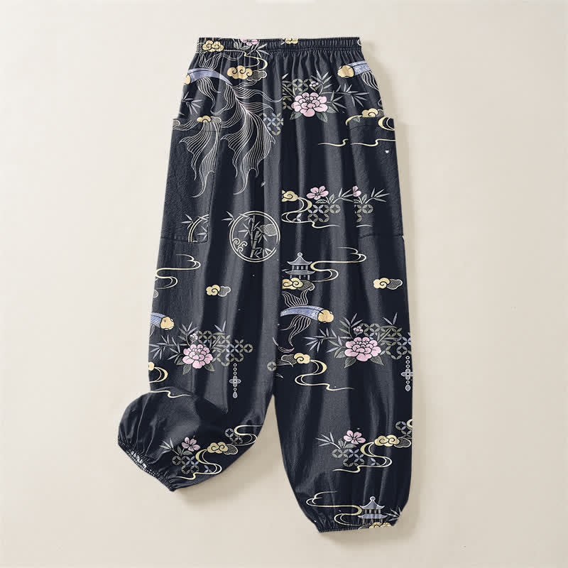 Buddha Stones Pantalones harem de algodón para mujer con estampado de nubes de bambú y peces koi, cintura elástica y bolsillos laterales. - image 4