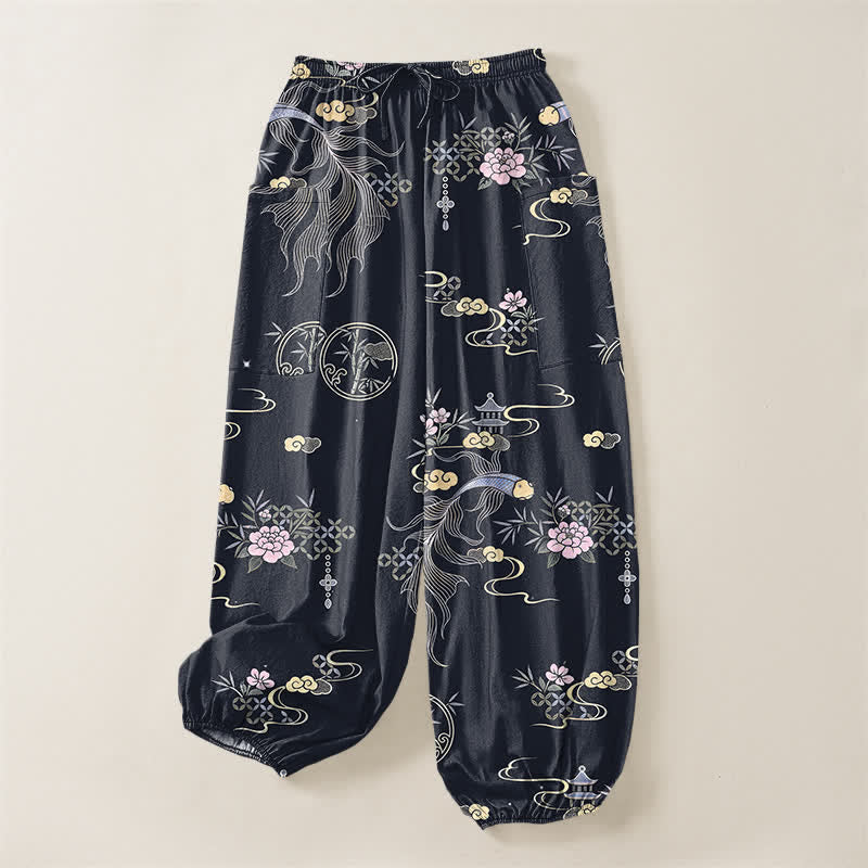 Buddha Stones Pantalones harem de algodón para mujer con estampado de nubes de bambú y peces koi, cintura elástica y bolsillos laterales. - image 3