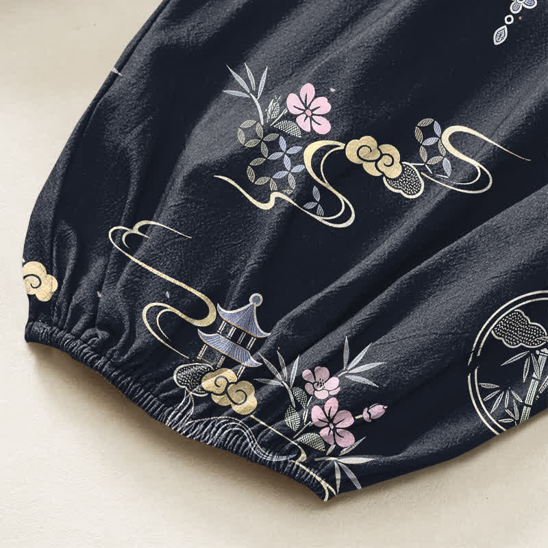 Buddha Stones Pantalones harem de algodón para mujer con estampado de nubes de bambú y peces koi, cintura elástica y bolsillos laterales. - image 6