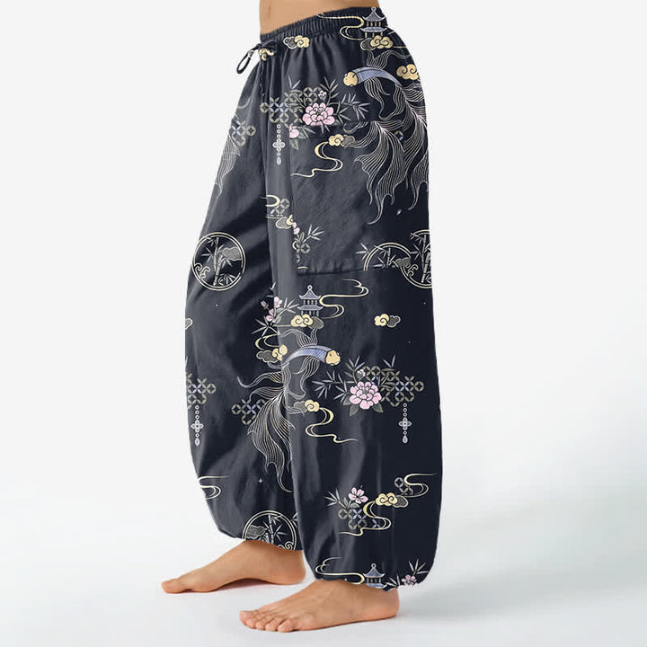 Buddha Stones Pantalones harem de algodón para mujer con estampado de nubes de bambú y peces koi, cintura elástica y bolsillos laterales. - image 1