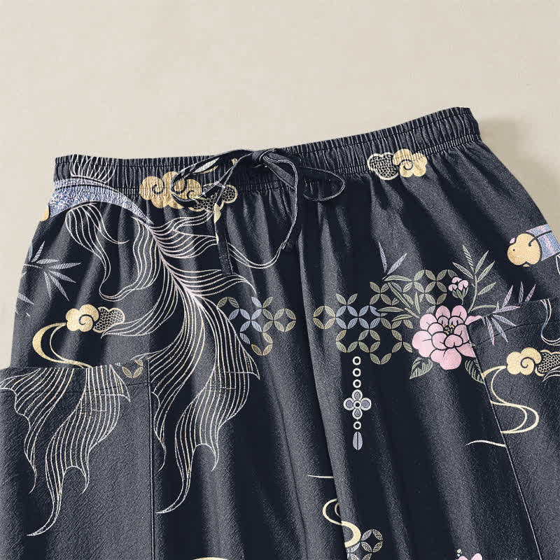 Buddha Stones Pantalones harem de algodón para mujer con estampado de nubes de bambú y peces koi, cintura elástica y bolsillos laterales. - image 5
