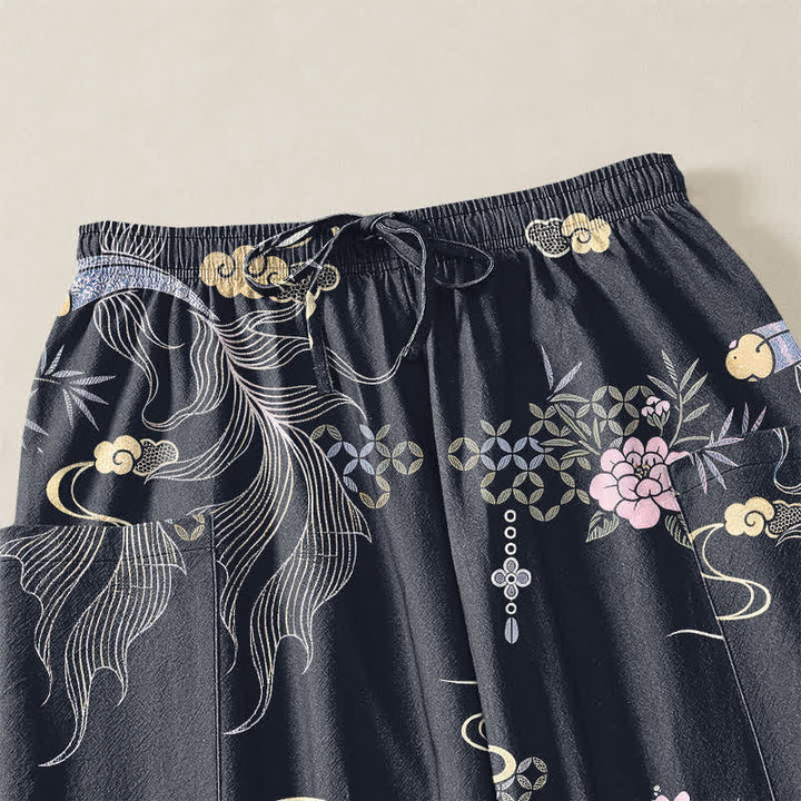 Buddha Stones Pantalones harem de algodón para mujer con estampado de nubes de bambú y peces koi, cintura elástica y bolsillos laterales. - image 5