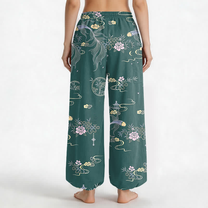 Buddha Stones Pantalones harem de algodón para mujer con estampado de nubes de bambú y peces koi, cintura elástica y bolsillos laterales. - image 12