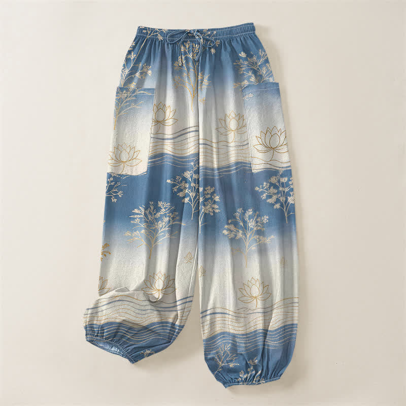 Buddha Stones Pantalones harem de algodón con estampado de olas de loto y cintura elástica para mujer, con bolsillos laterales. - image 3