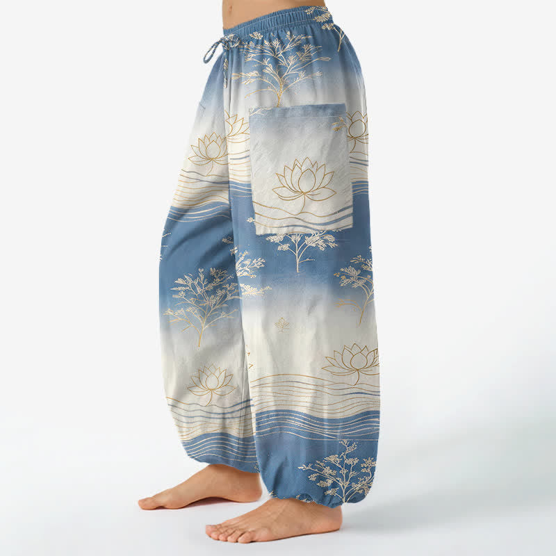 Buddha Stones Pantalones harem de algodón con estampado de olas de loto y cintura elástica para mujer, con bolsillos laterales. - image 1