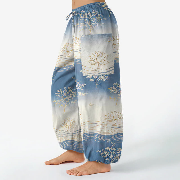 Buddha Stones Pantalones harem de algodón con estampado de olas de loto y cintura elástica para mujer, con bolsillos laterales. - image 1