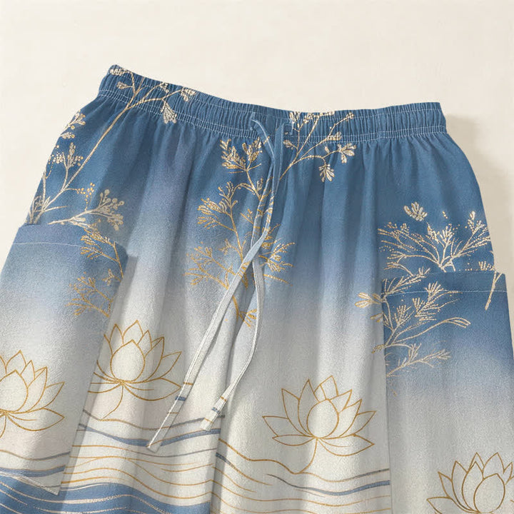 Buddha Stones Pantalones harem de algodón con estampado de olas de loto y cintura elástica para mujer, con bolsillos laterales. - image 5