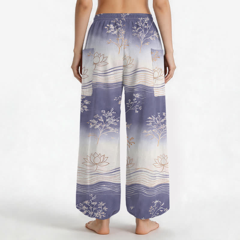 Buddha Stones Pantalones harem de algodón con estampado de olas de loto y cintura elástica para mujer, con bolsillos laterales. - image 9