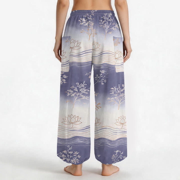 Buddha Stones Pantalones harem de algodón con estampado de olas de loto y cintura elástica para mujer, con bolsillos laterales. - image 9