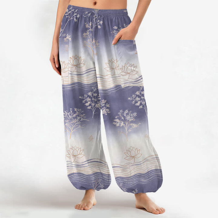 Buddha Stones Pantalones harem de algodón con estampado de olas de loto y cintura elástica para mujer, con bolsillos laterales. - Morado medio - US16，UK/AU20，EU48 (3XL) - image 7