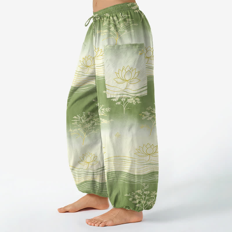 Buddha Stones Pantalones harem de algodón con estampado de olas de loto y cintura elástica para mujer, con bolsillos laterales. - image 11