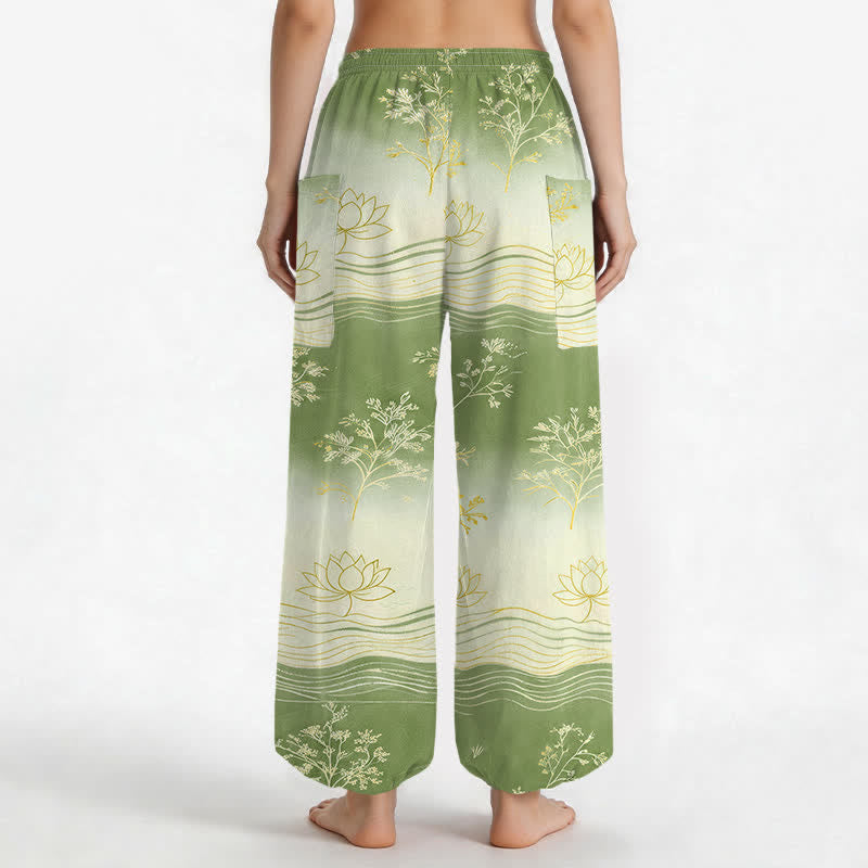 Buddha Stones Pantalones harem de algodón con estampado de olas de loto y cintura elástica para mujer, con bolsillos laterales. - image 12